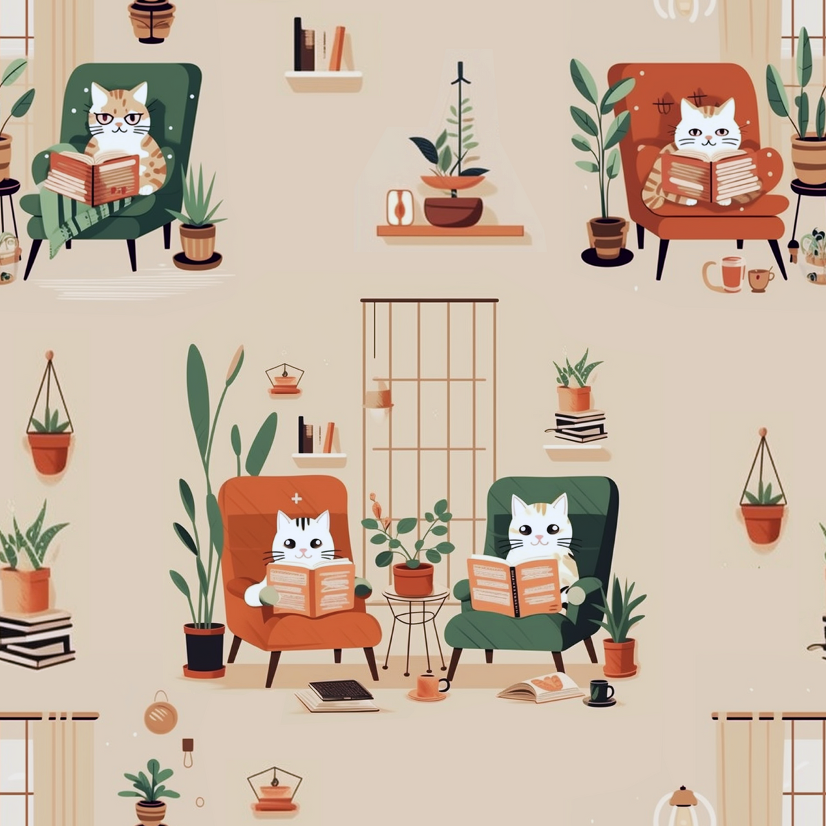 Illustration of cats reading books in chairs with a cozy room setting.