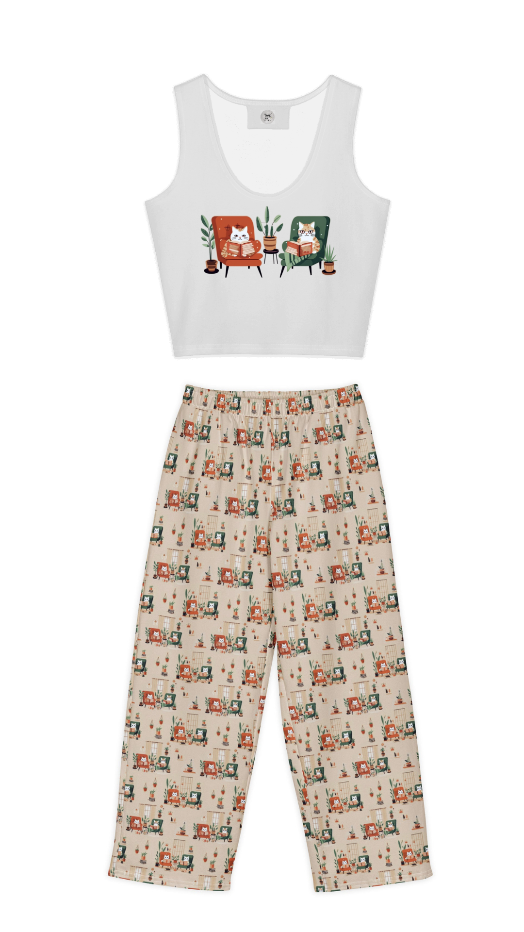 A two-piece adult loungewear set featuring a white tank top with a colorful cartoon cat graphic and matching beige pants with an all-over cat print, displayed on a clean white background.
