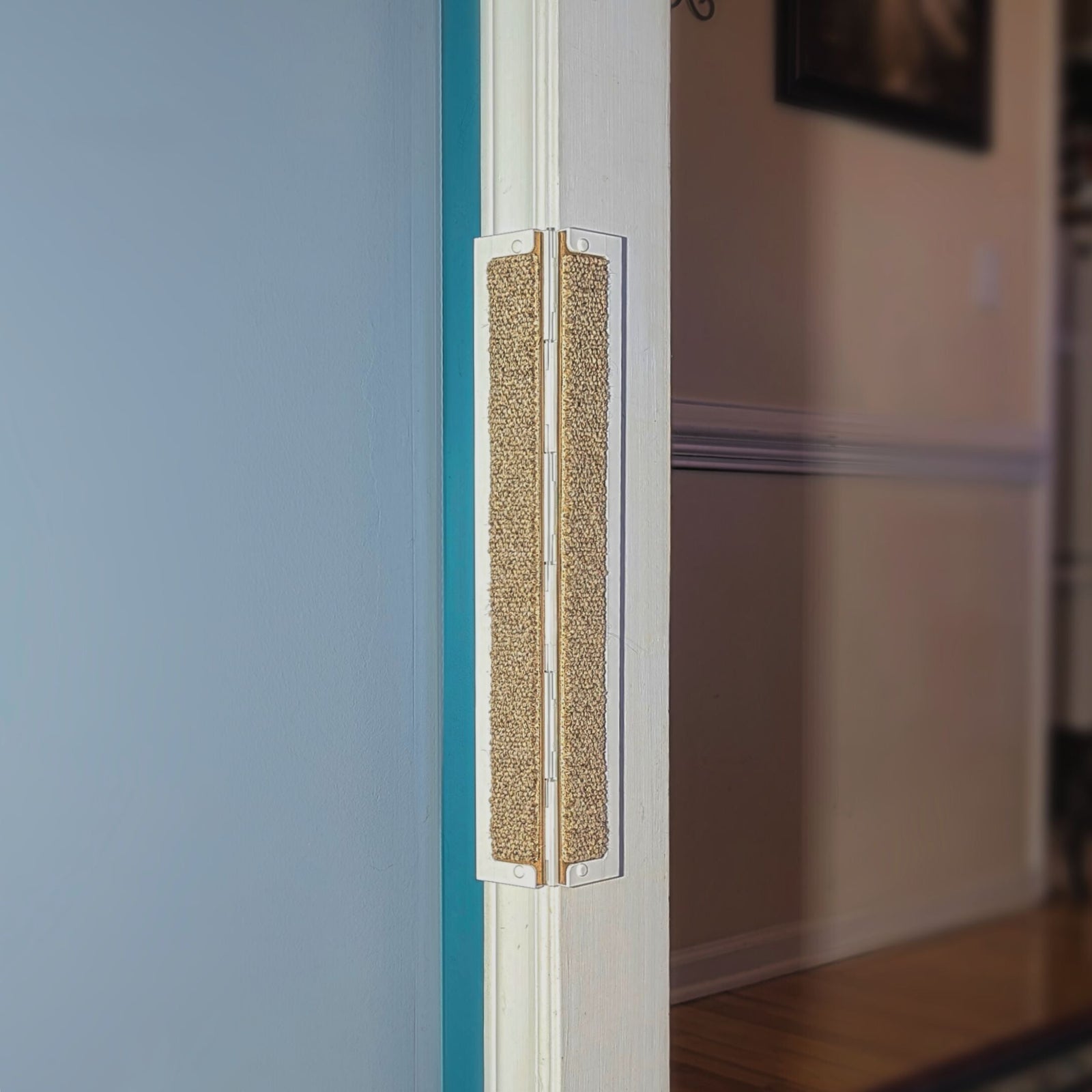 Close-up of a textured door handle on a light blue wall.