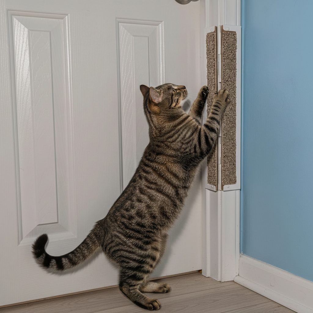 A brown tabby cat stands on its hind legs and reaches up at a vertical cat scratcher installed on a white door frame next to a light blue wall.