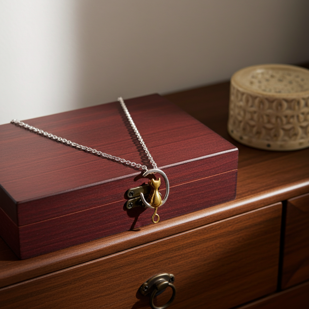silver necklace with a Cat on a Crescent Moon pendant draped over  a wooden box on a dresser
