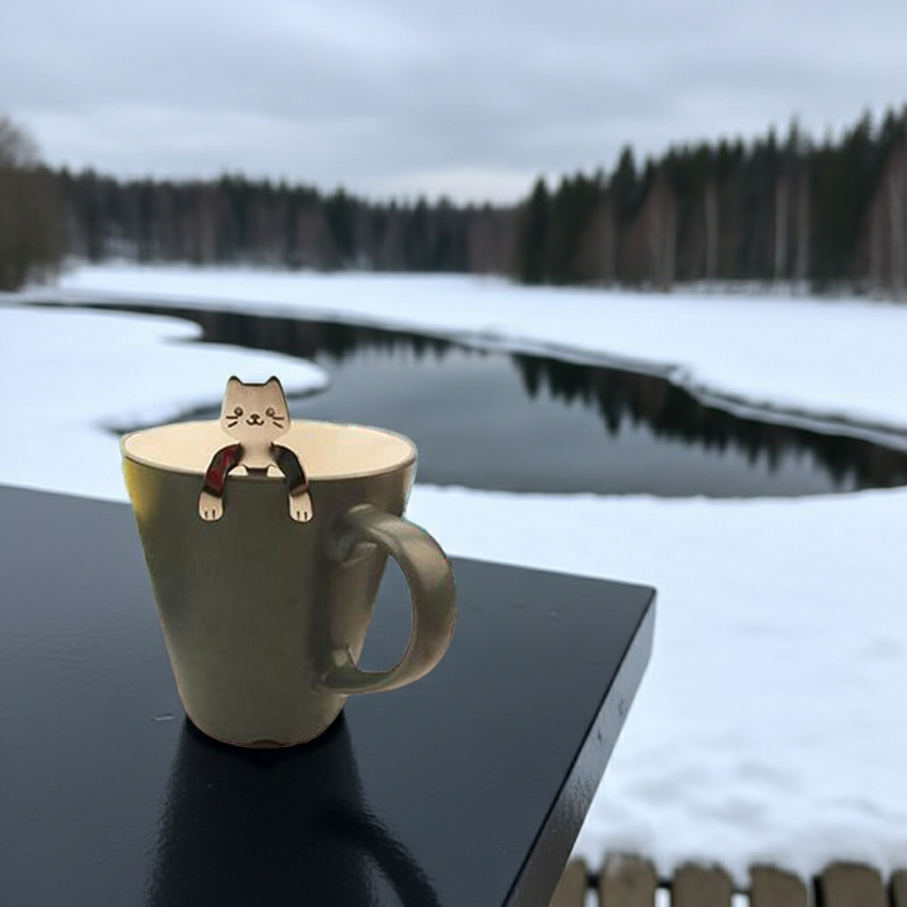 Cat Spoon with arms hanging over the edge of a mug with a snowy landscape and lake in the background