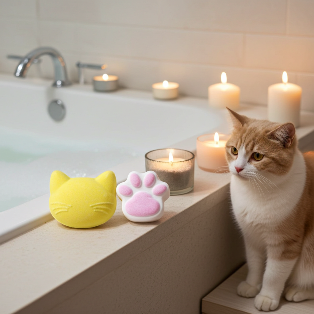 Cat sitting by a bathtub with candles and cat-shaped bath bombs