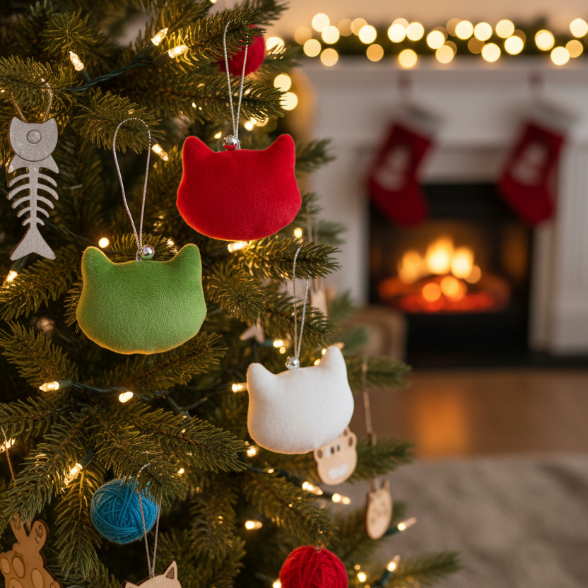 Decorative Christmas tree with colorful Cat Head shaped ornaments in a cozy living room.