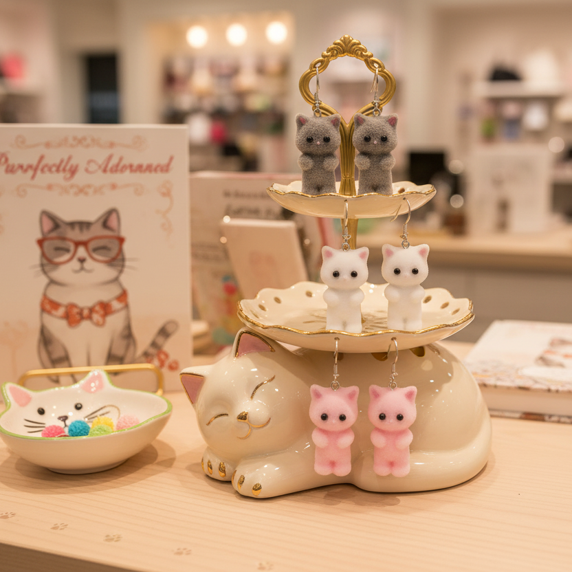 Adorable flocked cat earrings on a cream ceramic display which sits on the wooden counter of a cat boutique. Other cat-inspired objects surround it. 
