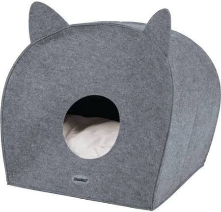 Gray pet bed with cat ears on a white background