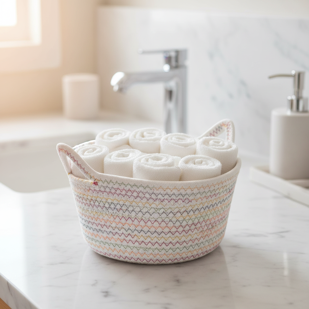 Woven basket with Cat EArs holding rolled towels on a bathroom counter