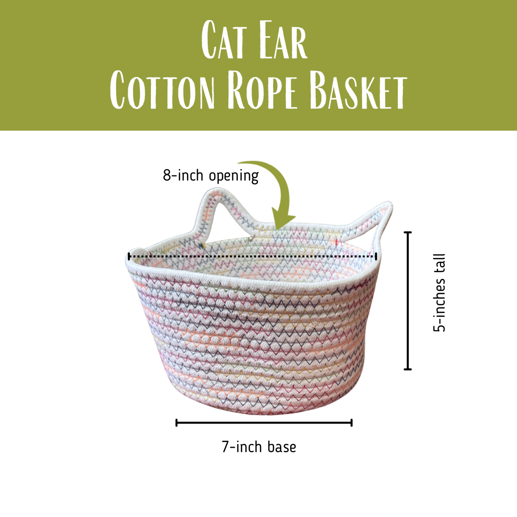 Cat ear cotton rope basket with bright colored thread with measurements on a white background