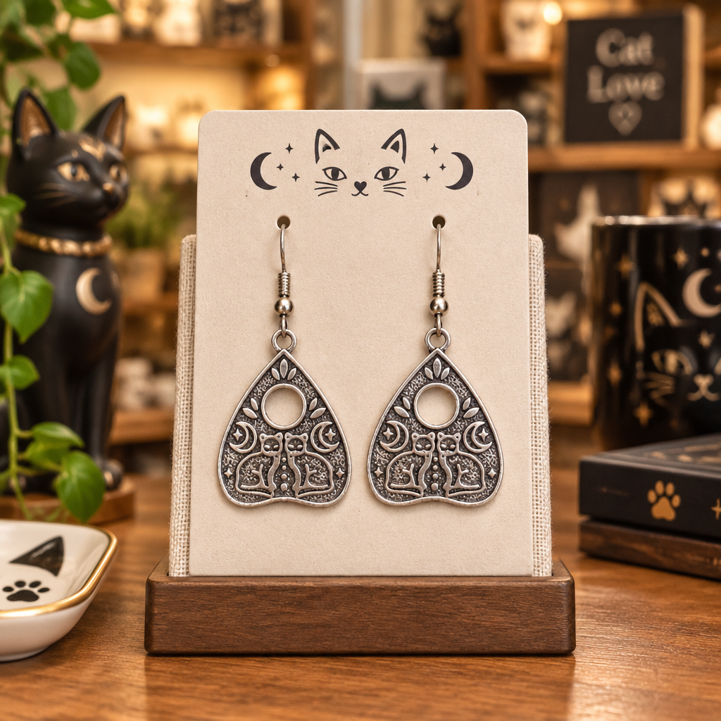 Silver metal earrings that look like a ouija board planchette hang from fish hook earring wires. Two cats and moons are in the design