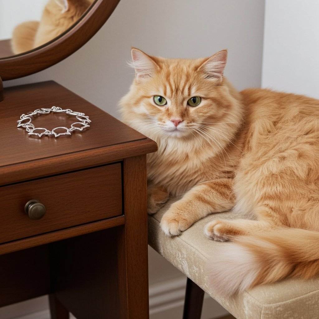 Orange cat sitting on a chair next to a wooden table with a bracelet on it.