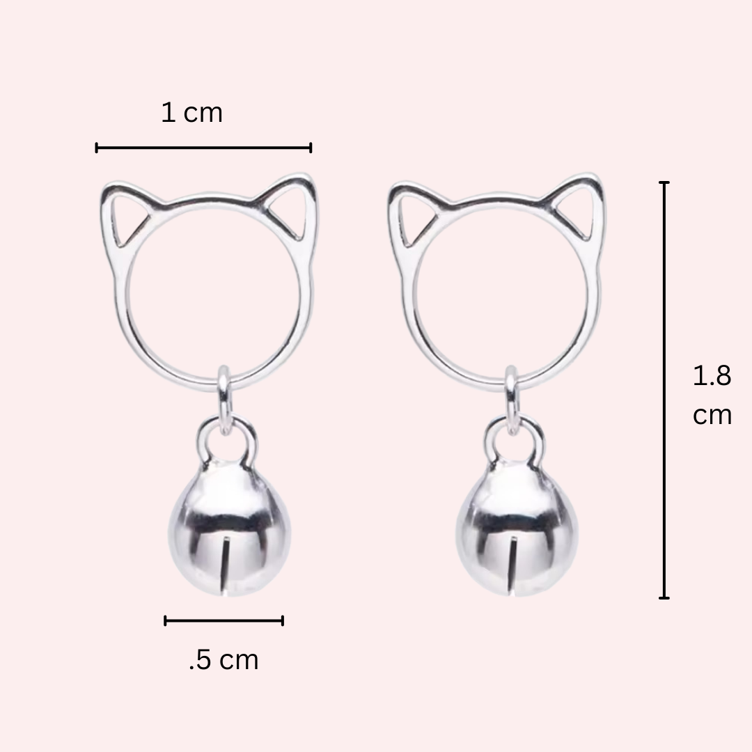 Silver cat-shaped earrings with bell details and measurements on a white background