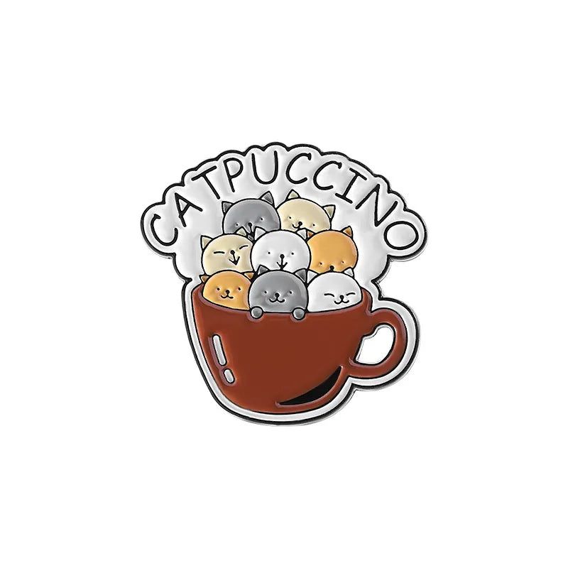 Sticker with cartoon cats in a coffee cup labeled 'Catpuccino' on a white background