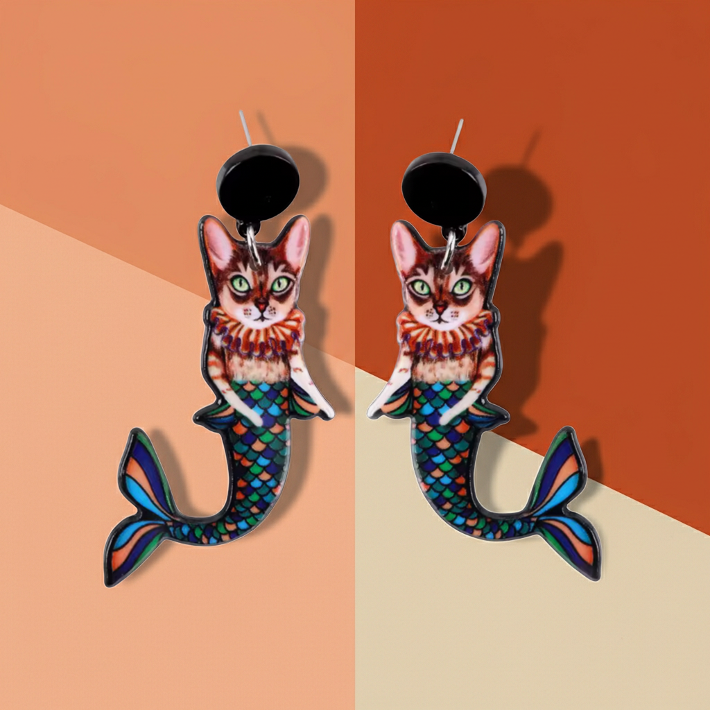 Cat mermaid earrings on a two-tone background