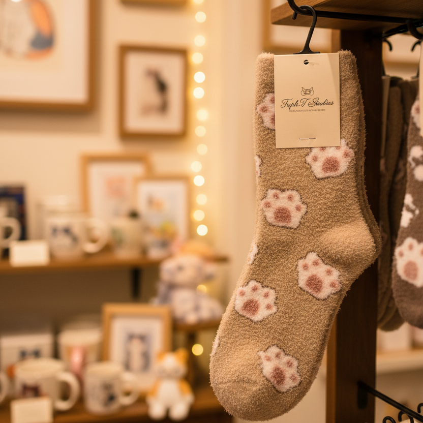 Beige socks with pink cat paw prints hanging on a rack with a blurred background of mugs and photos.