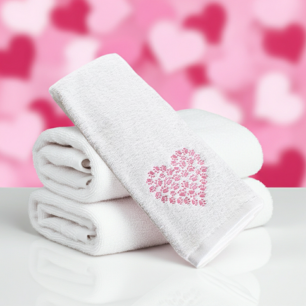 Two white towels with a pink cat paw print pattern on a pink heart-shaped background