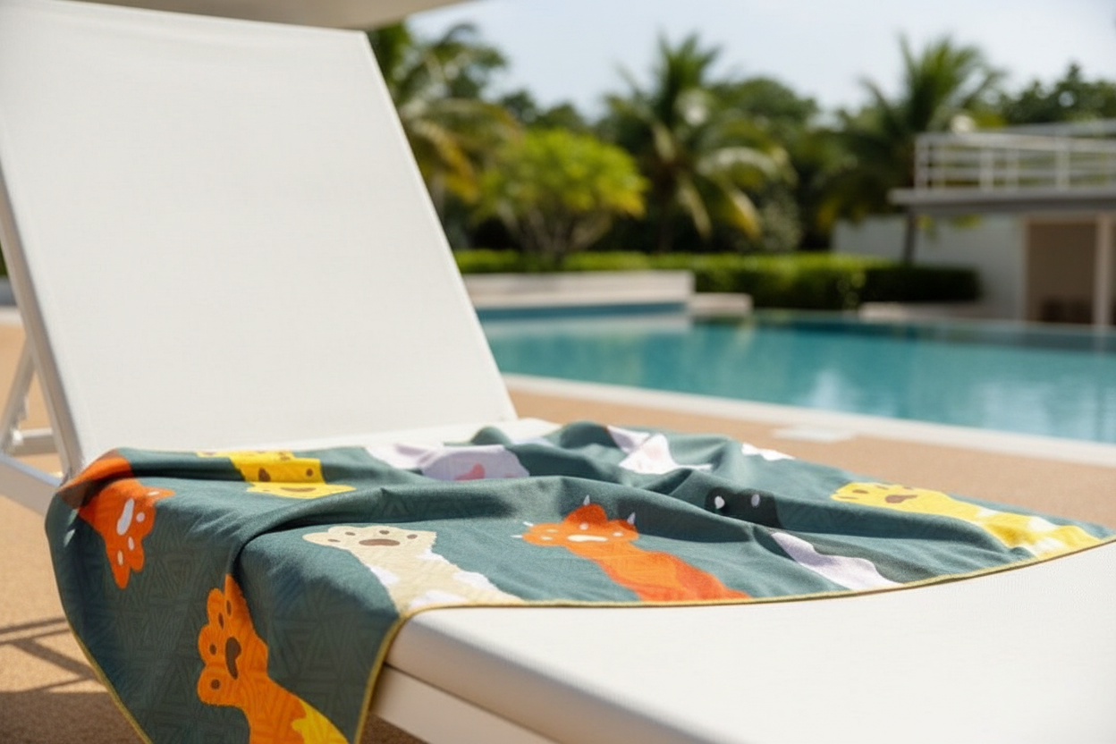 Cat Paw Beach Towel on lounge chair at luxury resort poolside