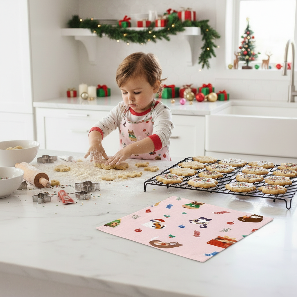 Pink tea towel with mischievous cats playing with Christmas decorations on a white kitchen counter next to cooling cookies. A child is playing with cookie dough next to the counter.