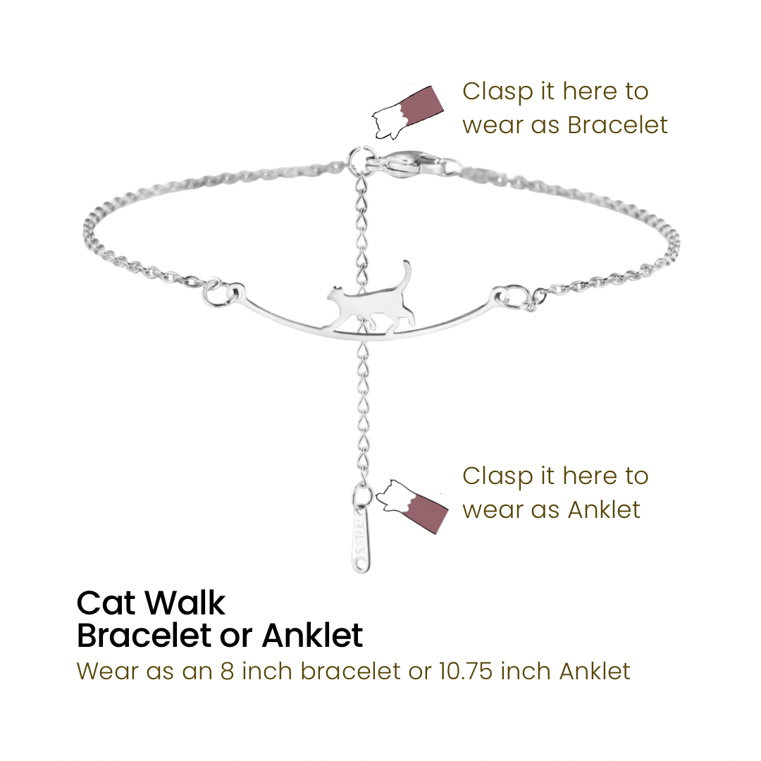 Silver cat-shaped bracelet with a chain and dangling charm, shown on a white background with text and arrow callouts indicating how to wear it as a bracelet or anklet.