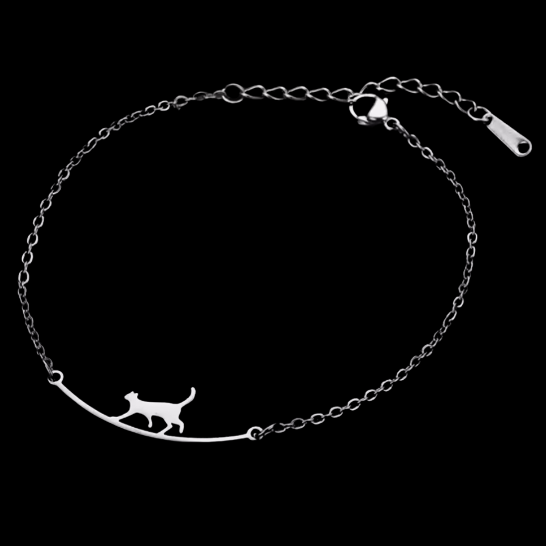 Delicate silver chain anklet suspends a tiny cat silhouette on a bridge held up by chains against a black background