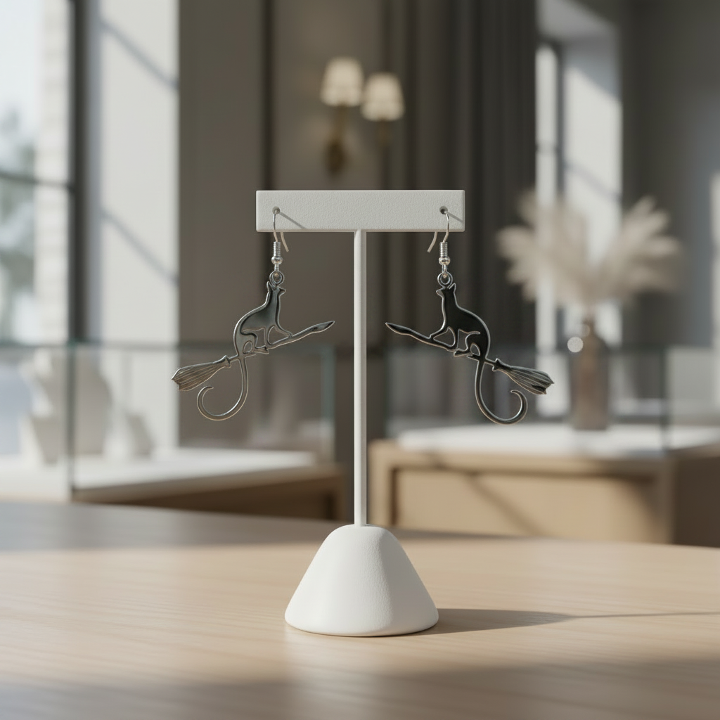 A pair of silver-toned dangling earrings shaped like stylized figures on broomsticks, displayed on a white stand on a wooden table in a softly blurred indoor setting.
