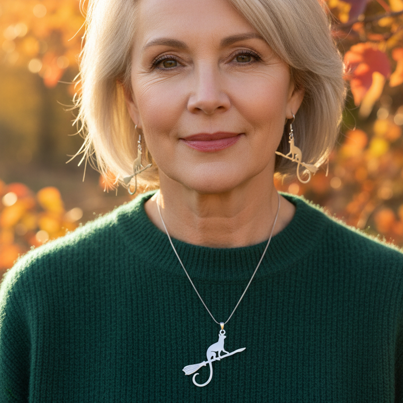 A close-up portrait of a woman with short blonde hair wearing a silver witch cat pendant necklace and matching dangling earrings, set against a warm, blurred autumn background.