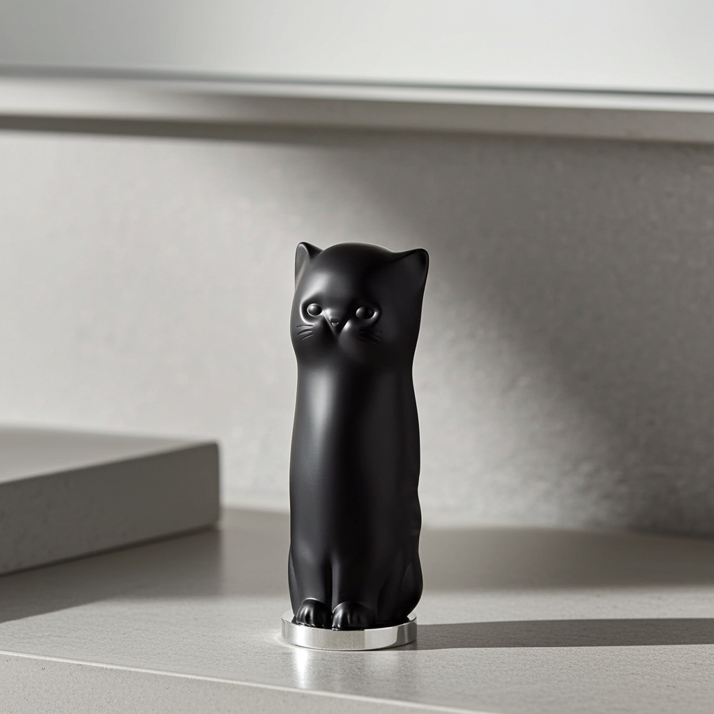 Black cat-shaped lip balm lipstick on a gray surface with a neutral background