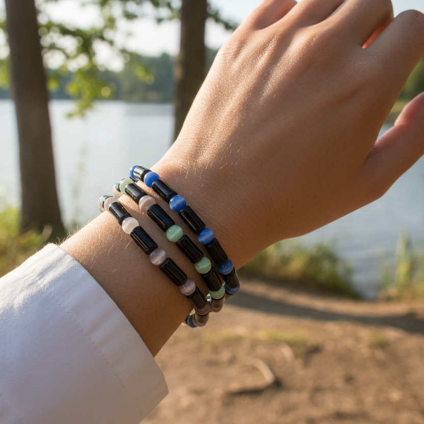 Person wearing multiple glass bead Cats Eye bracelets on wrist with a natural background
