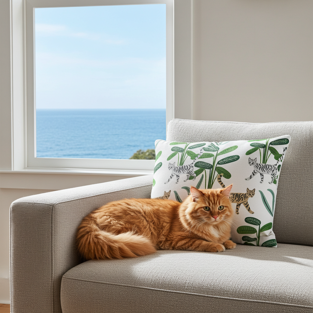 Orange cat lying on a gray sofa with a decorative pillow featuring cat illustrations, in a room with a large window overlooking the ocean.