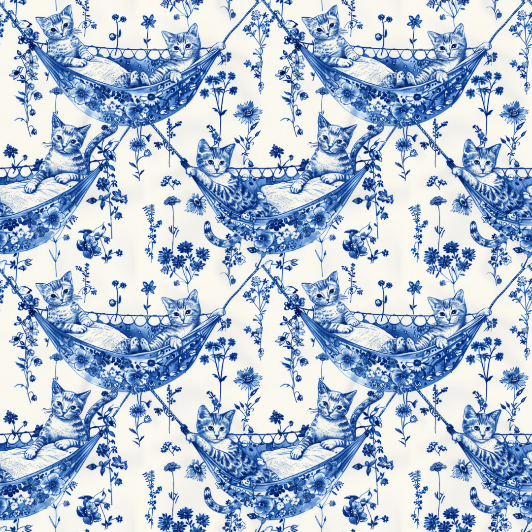 Pattern of blue cats in hammocks on a white background reminiscent of a french toile