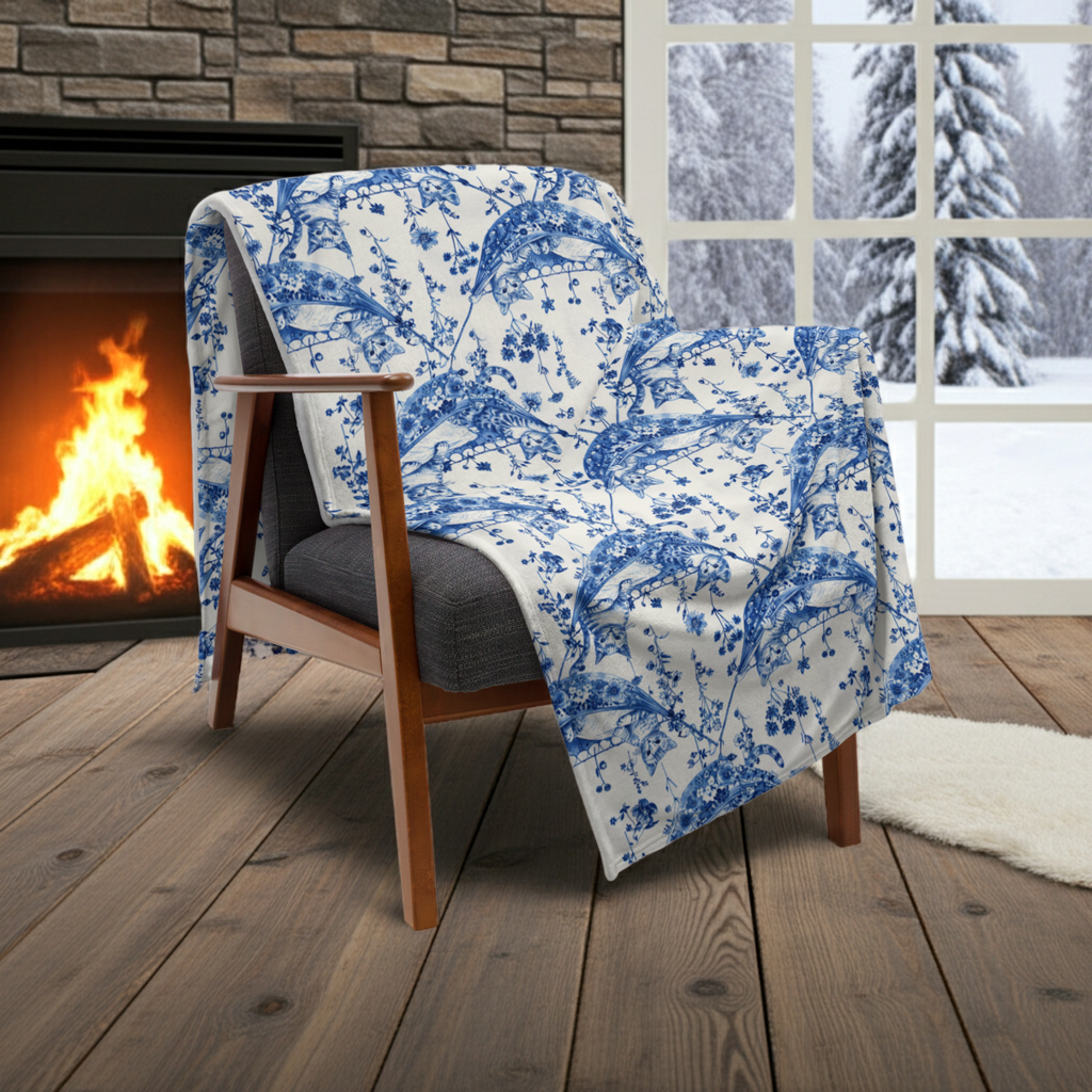 Chair with a Cat Inspired blue and white patterned throw blanket in front of a fireplace with a snowy window view.