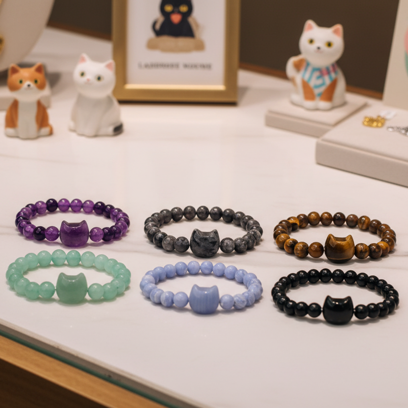 Six natural carved stone bracelets with Cat Head accent beads sit on a white counter of a boutique store. Other cat related items are in the background.