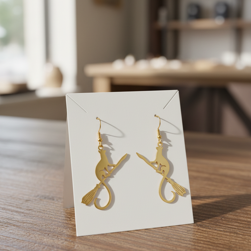 A pair of gold-tone dangling earrings shaped like cats riding broomsticks, displayed on a small white stand on a wooden table in a softly blurred indoor setting.
