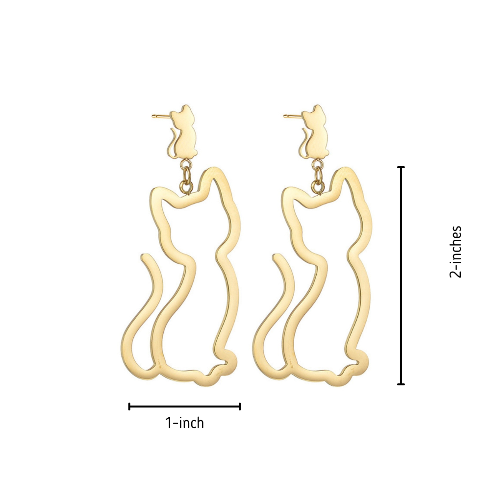 Gold cat-shaped earrings with size measurements on a white background