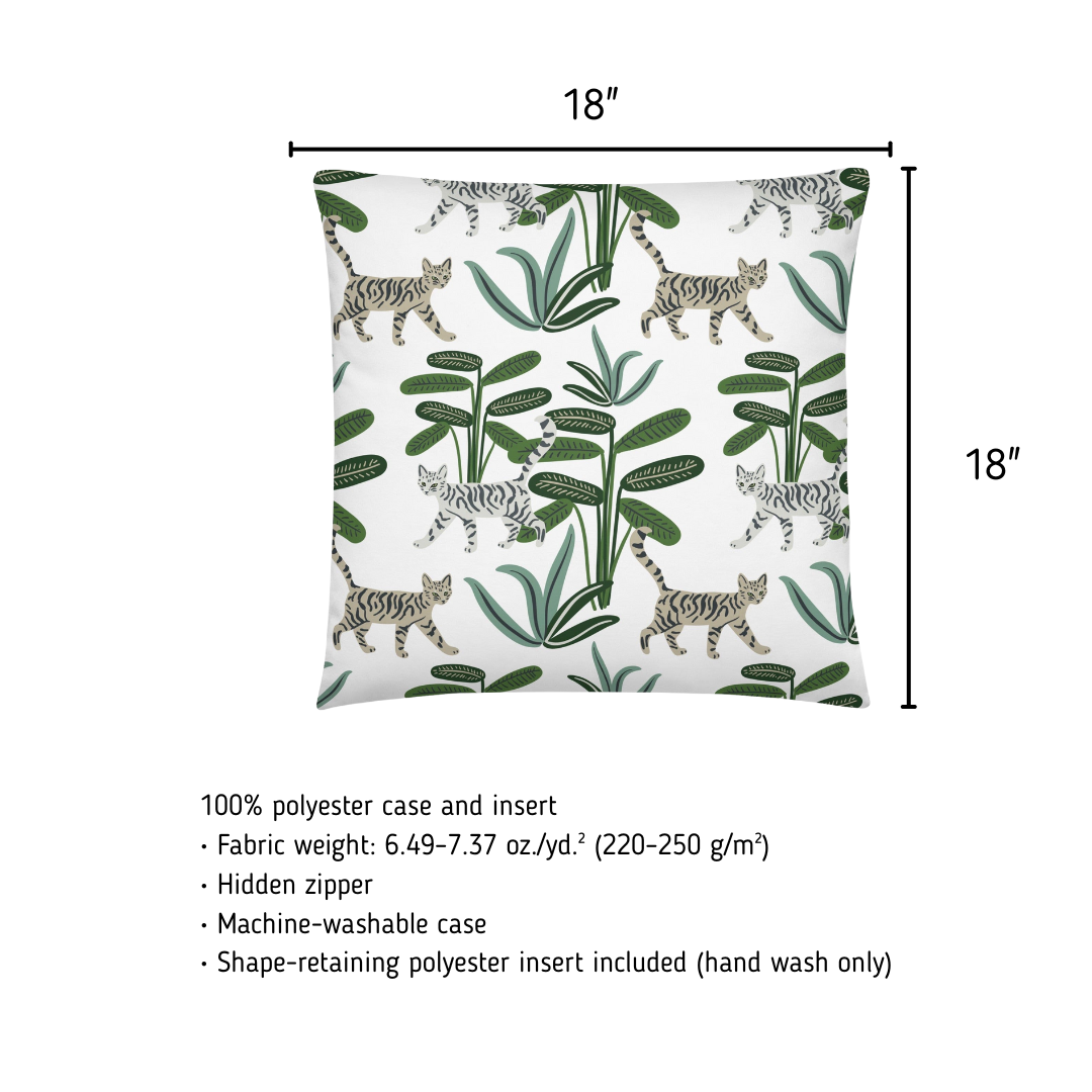 Pillow with cat and leaf pattern and dimensions on a white background