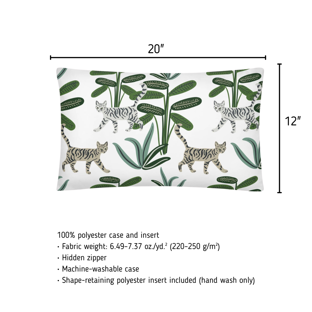 Pillow with cat and plant design and measurements on a white background
