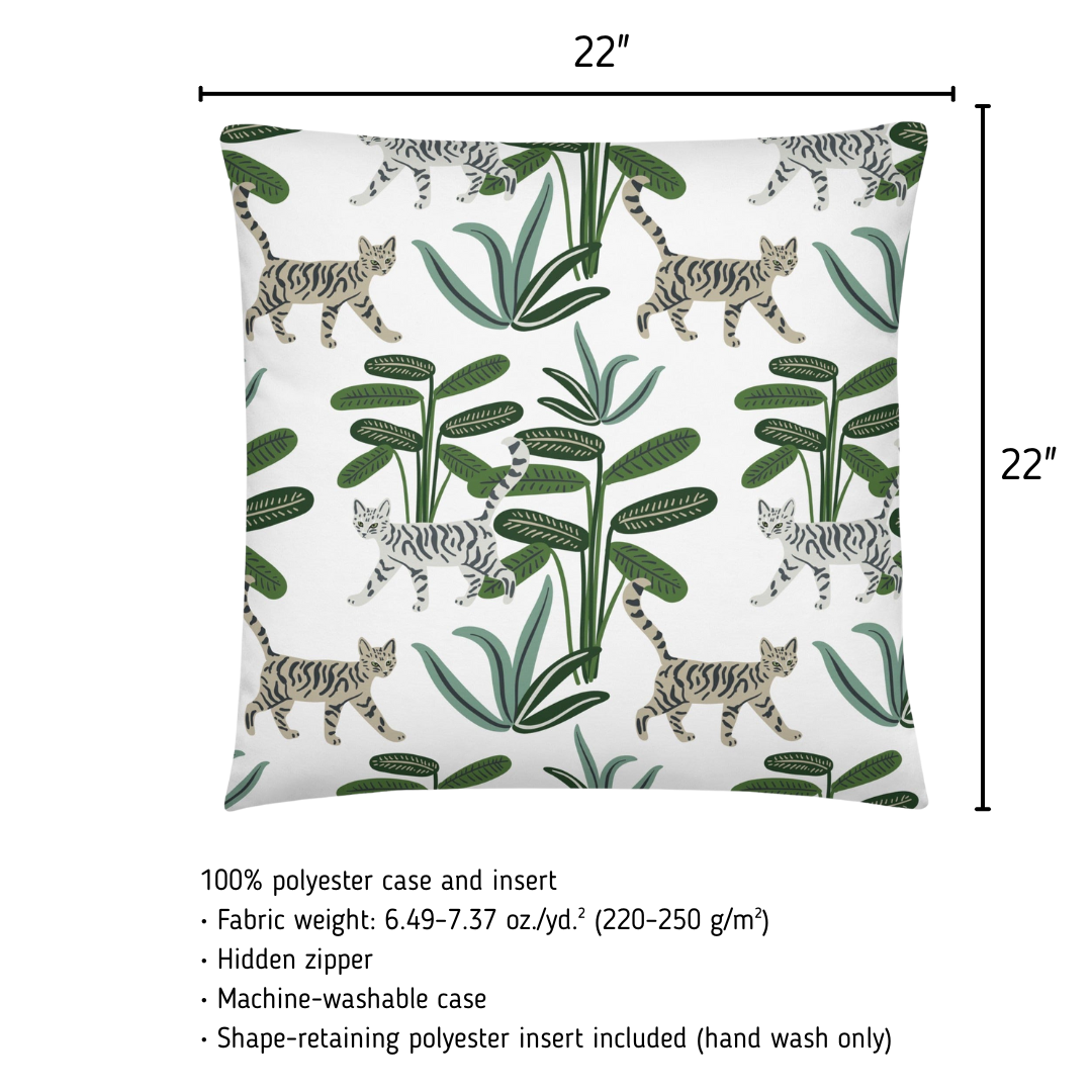 Pillow with cat and plant pattern and measurements on a white background