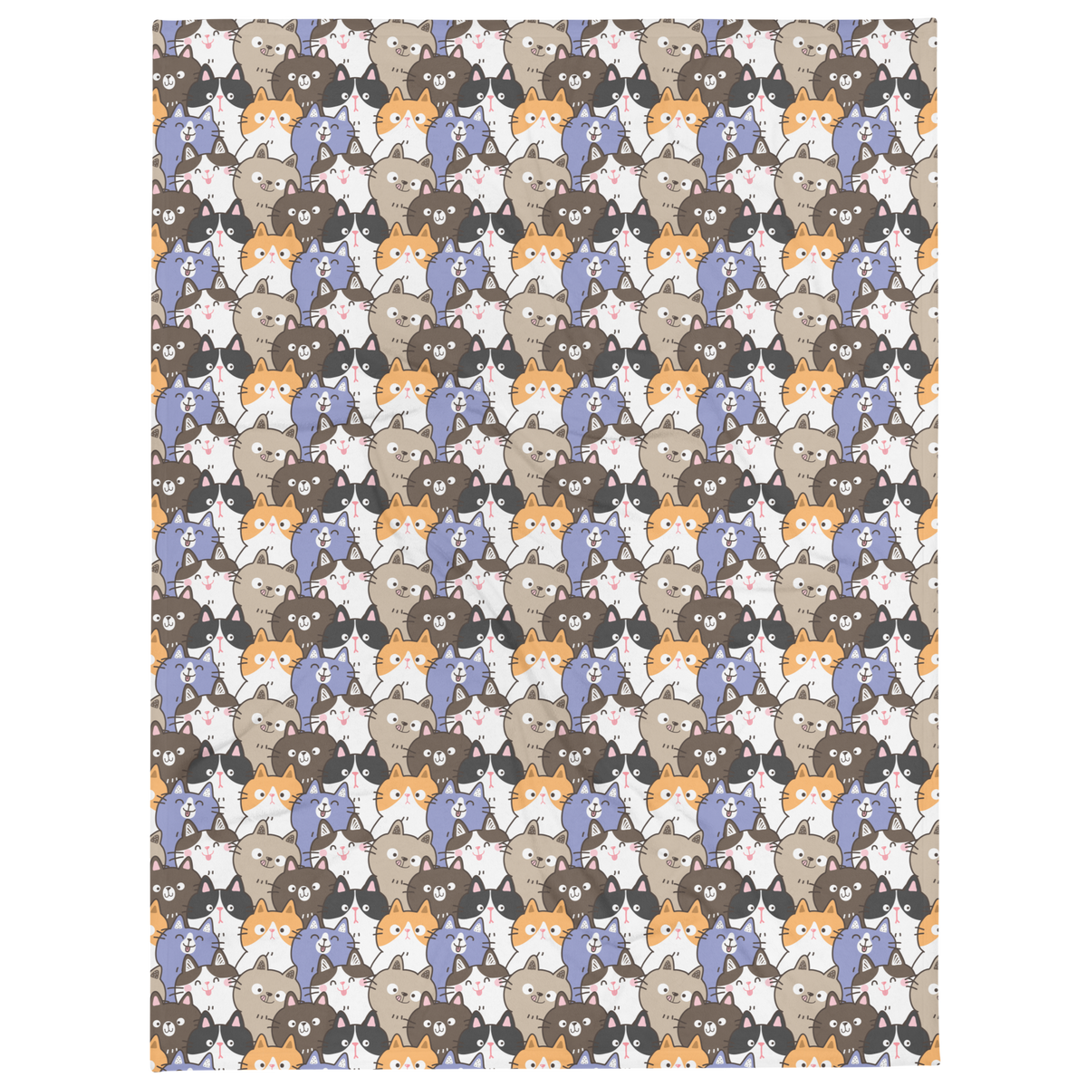 Pattern of cartoon cats in various colors on a throw blanket