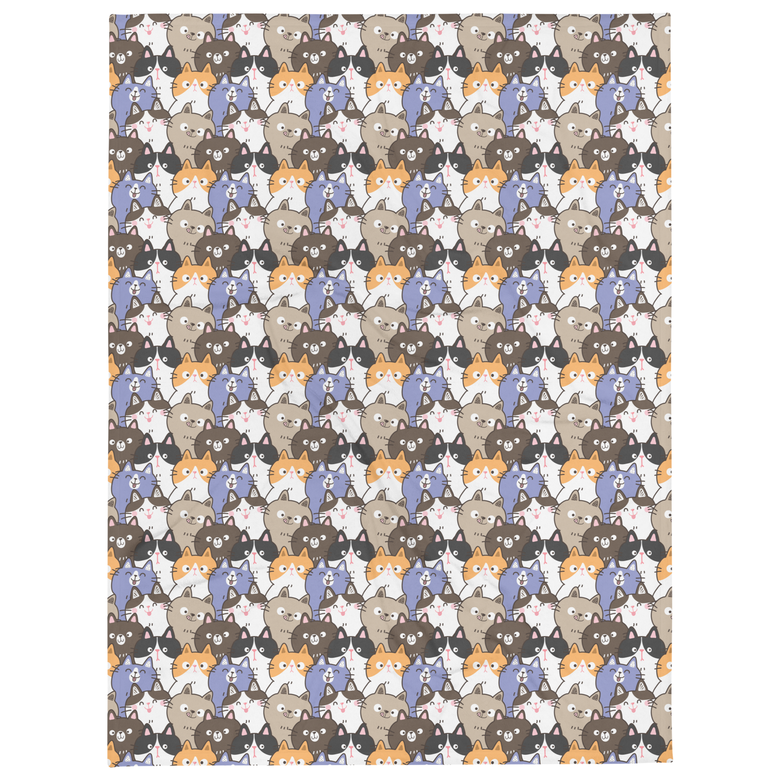 Pattern of cartoon cats in various colors on a throw blanket