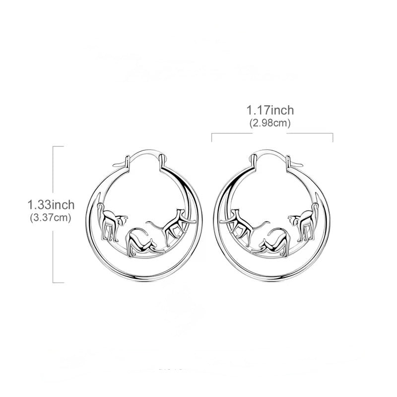 Hoop earrings with silly cats doing cat things on a white background with measurements