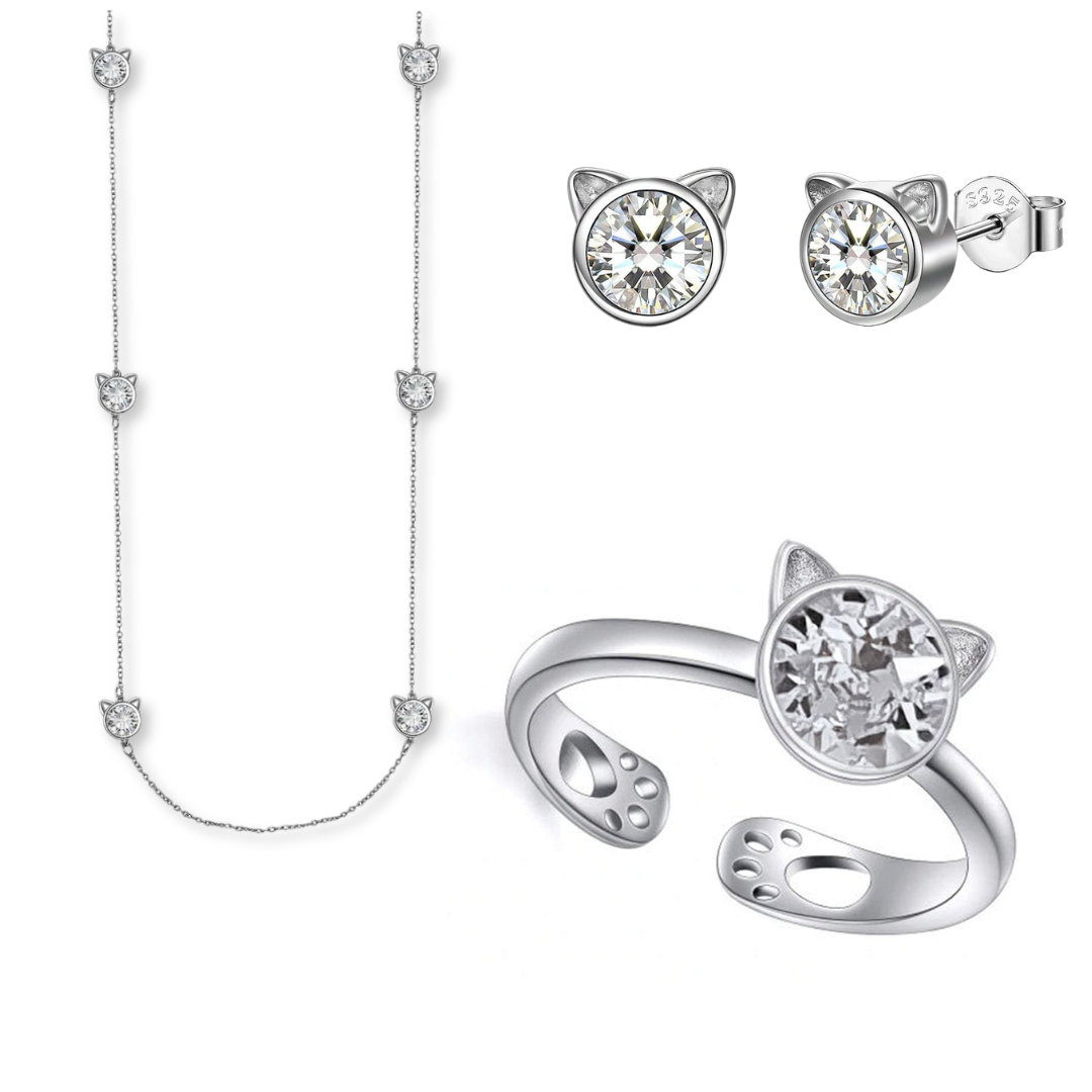 Crystal Cat Necklace &amp; Earrings &amp; Ring  | Sterling Silver GIFT SET