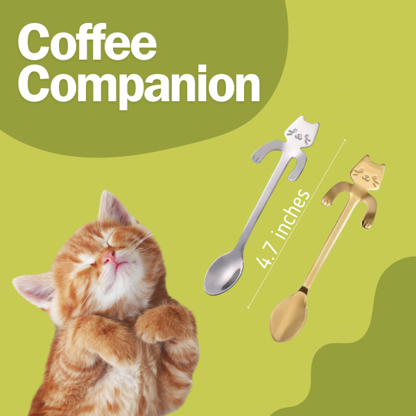 Two cat-shaped spoons with a sleeping cat illustration and text on a green background