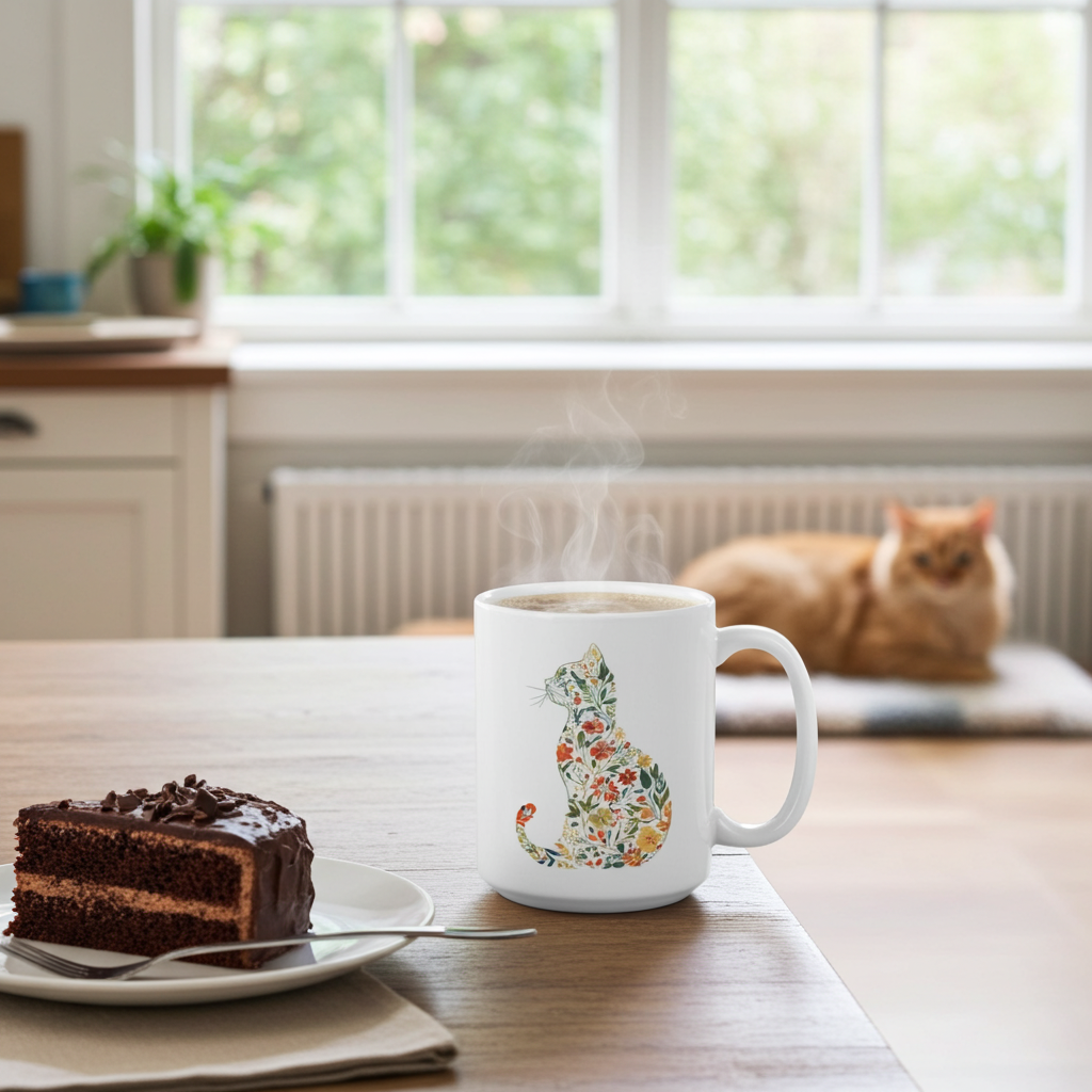 White mug with floral cat design, steaming hot chocolate, slice of chocolate cake, and a cat in a kitchen.