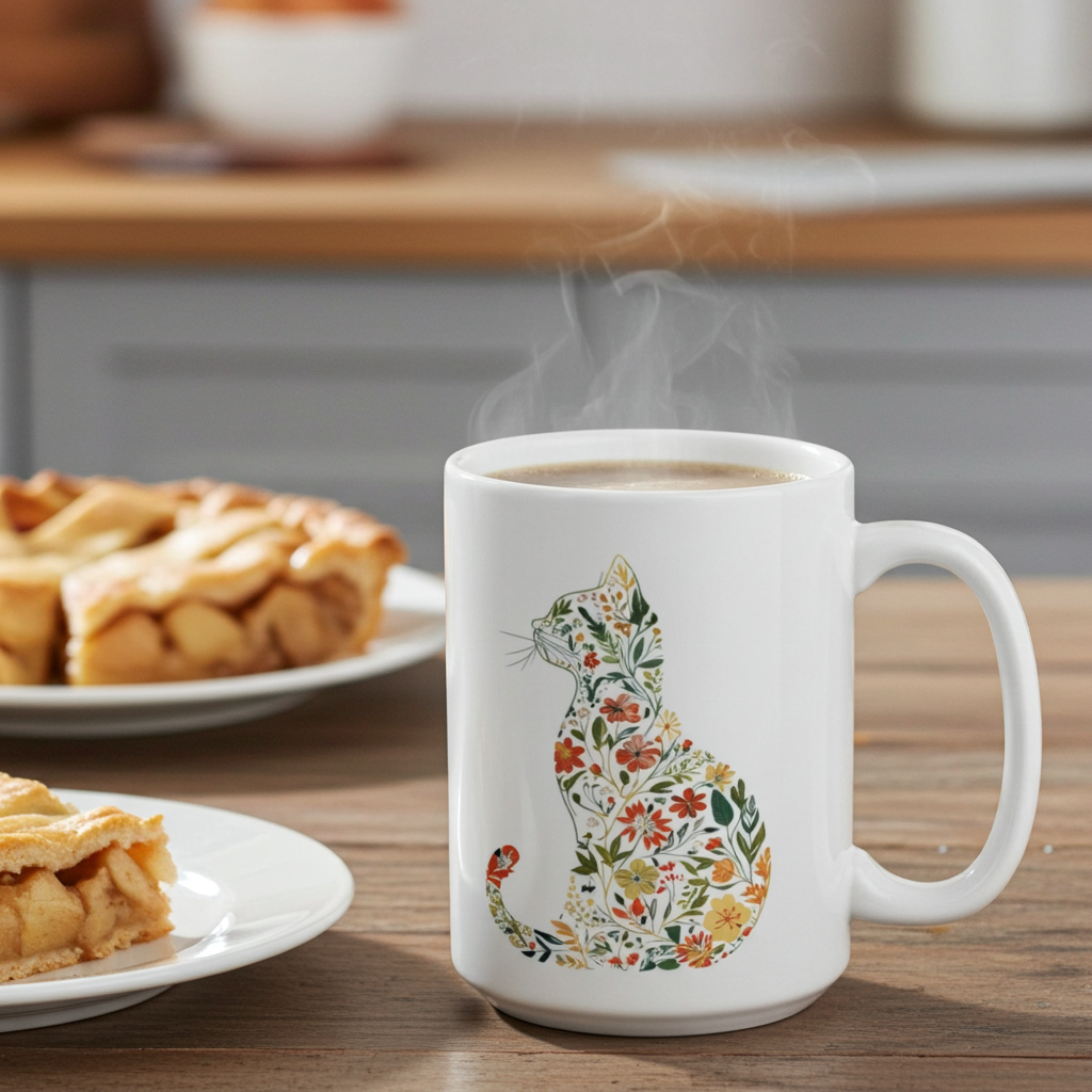 White mug with floral cat design on a wooden table with apple pie in the background
