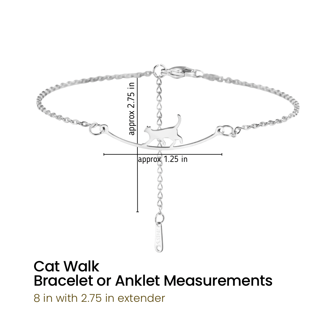 Silver cat-shaped bracelet with chain extender, shown with measurement lines and text indicating dimensions: approx 2.75 inch extender.