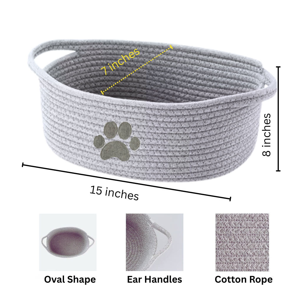 Gray woven pet toy basket with measurements and features on a white background