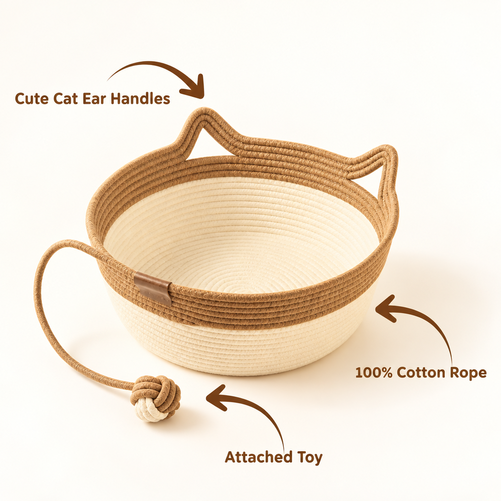 A woven cat basket with ear-shaped handles, shown on a white background with callout arrows and text reading 'Cute Cat Ear Handles,' '100% Cotton Rope,' and 'Attached Toy.' The basket is natural tan on the outside and off-white on the inside, with a small attached rope toy.