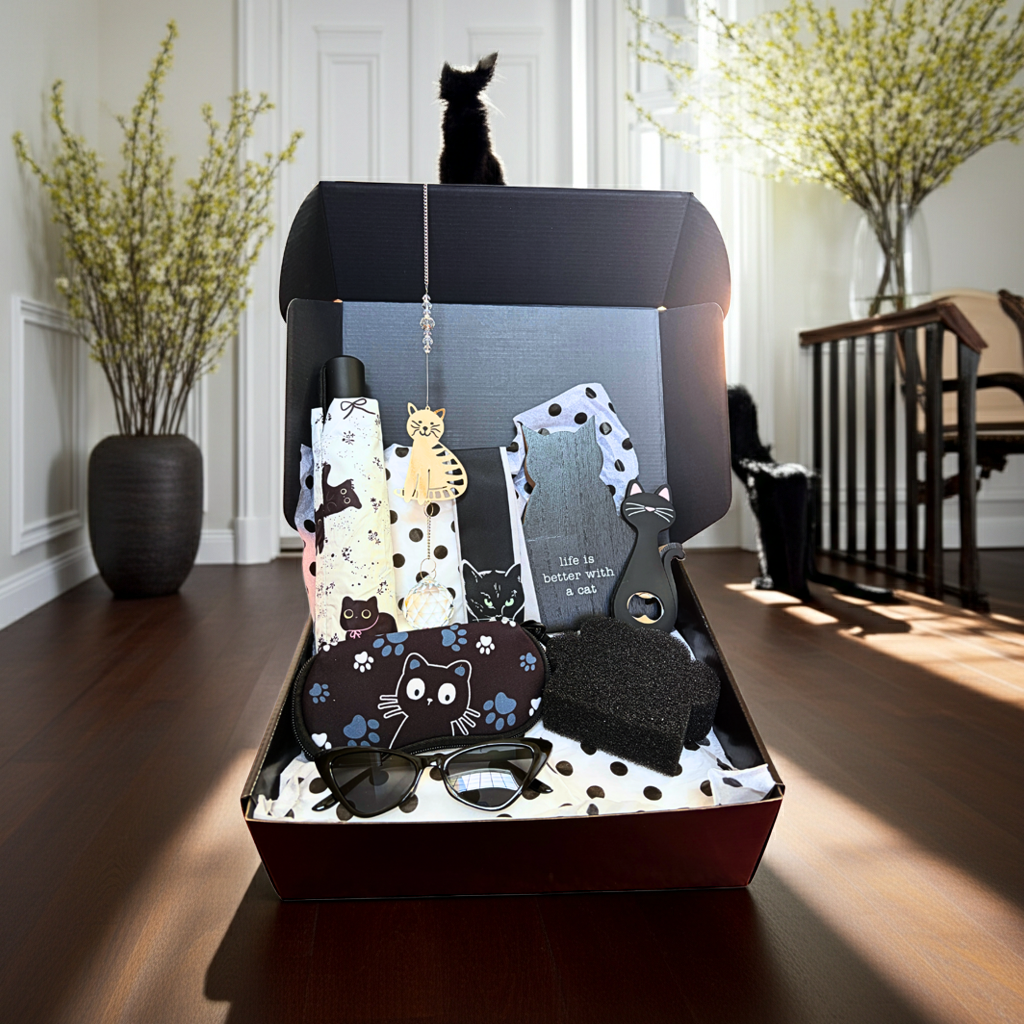 Open box containing cat-themed stationery items on a wooden floor with decorative plants and furniture in the background.