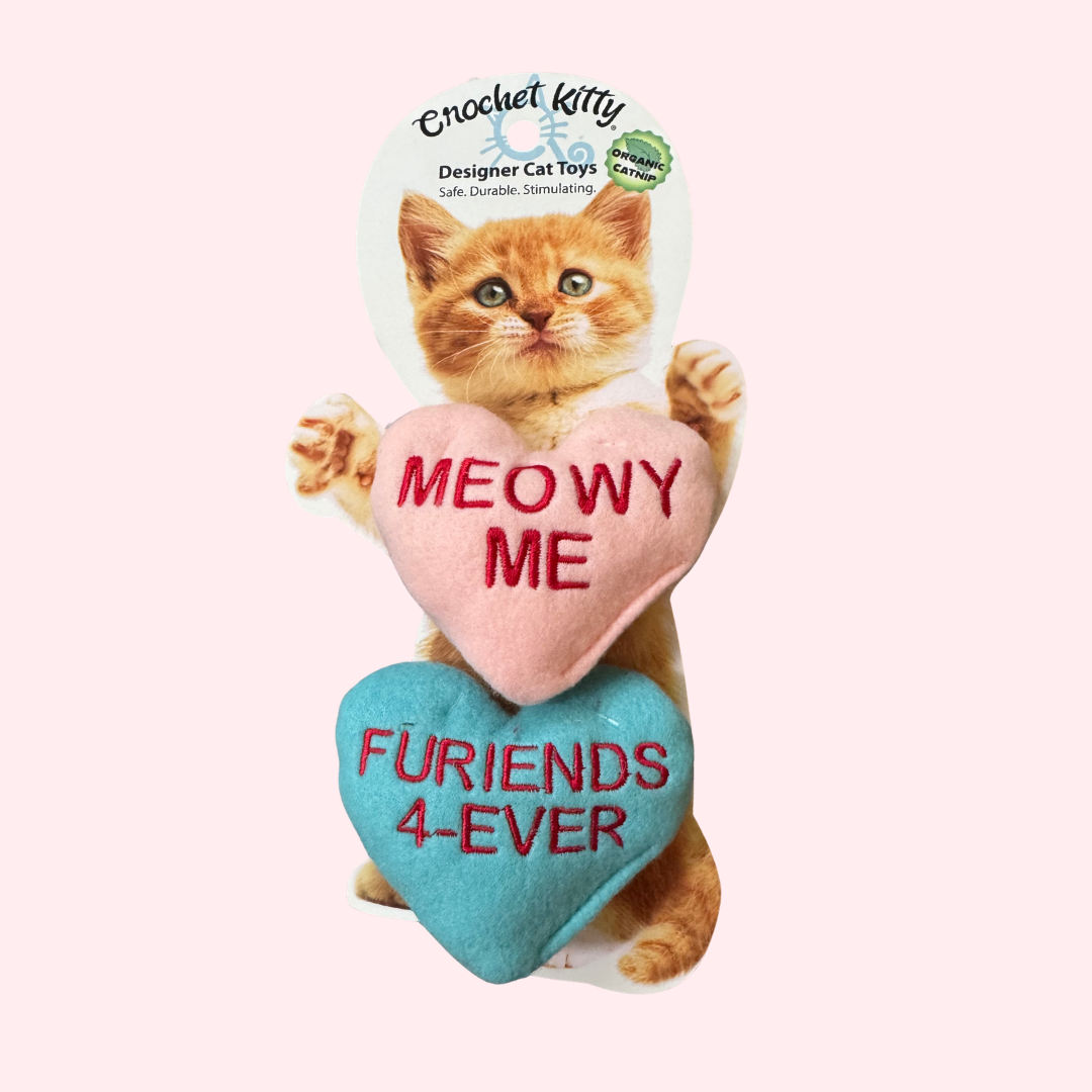 Cat toy with hearts and text 'MEOWY ME' and 'FURiENDS 4-EVER' on a white background