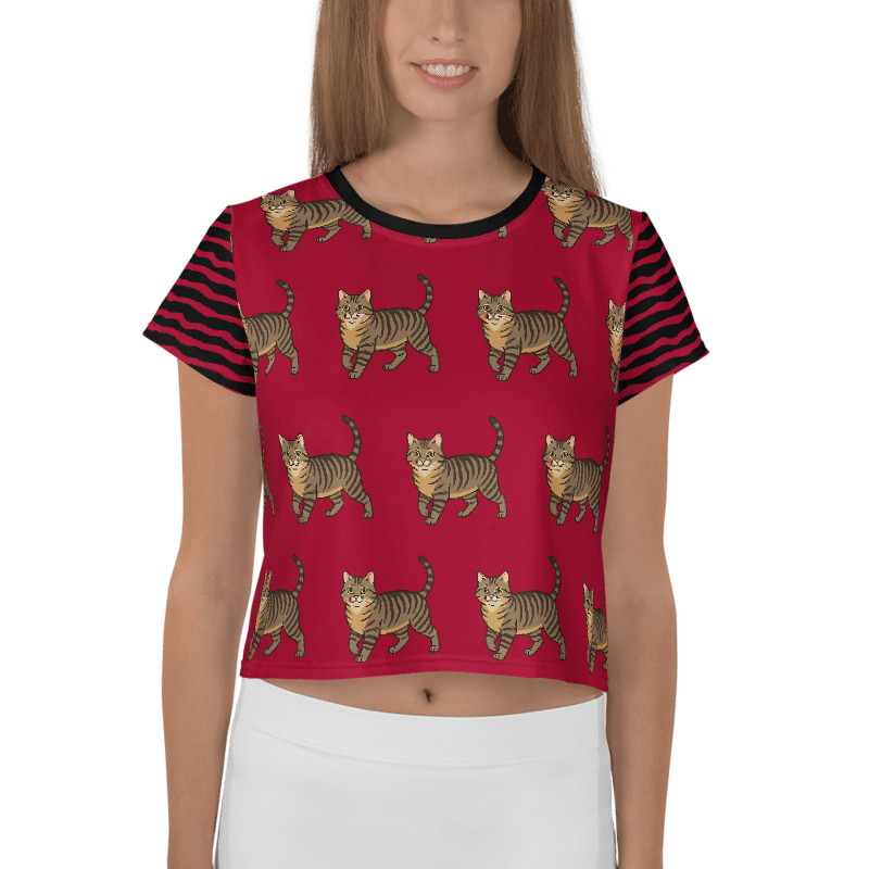 Red crop top with striped cat pattern and black sleeves worn by a person on a white background