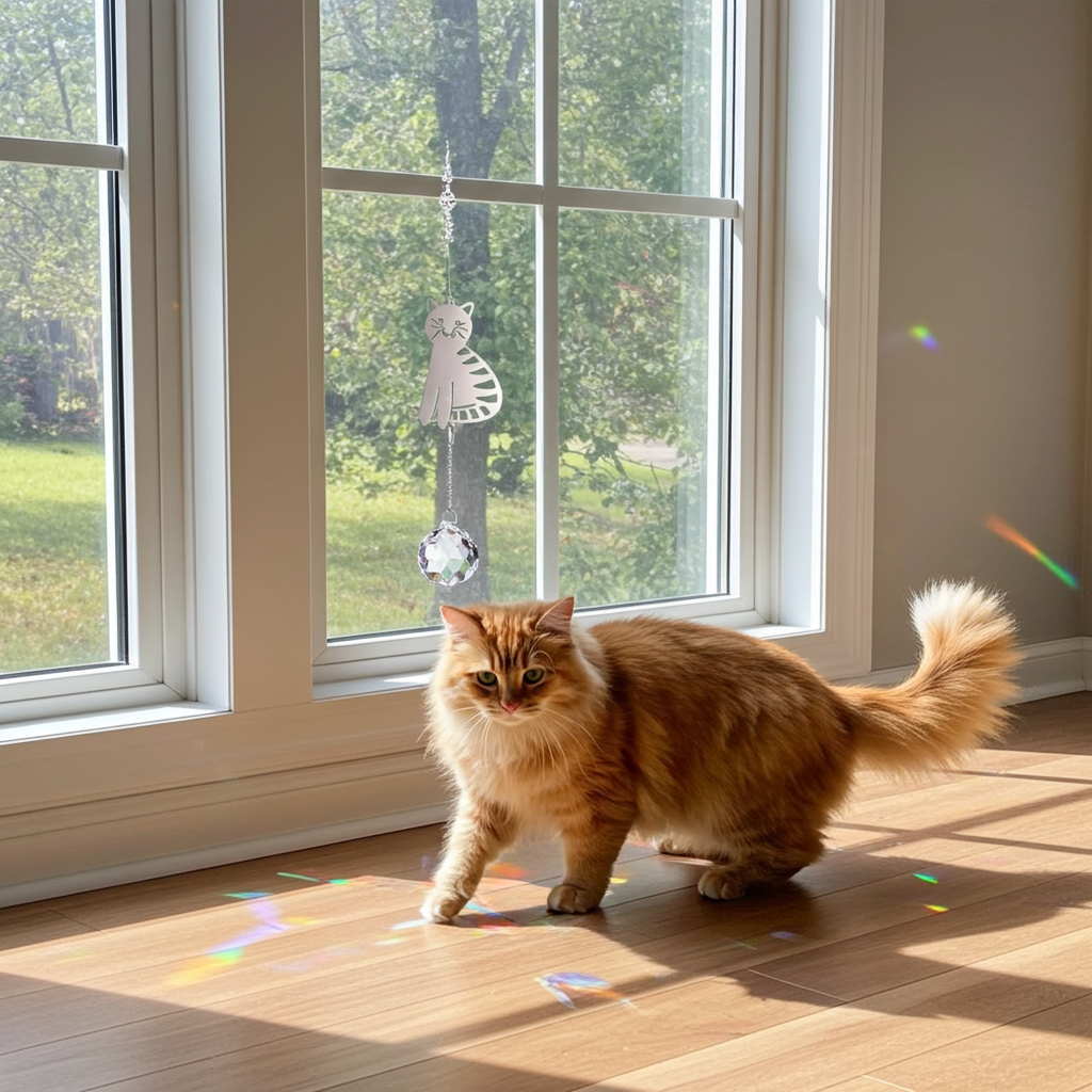 Orange cat standing on a wooden floor in front of a window with sunlight streaming through a Cat Suncatcher.